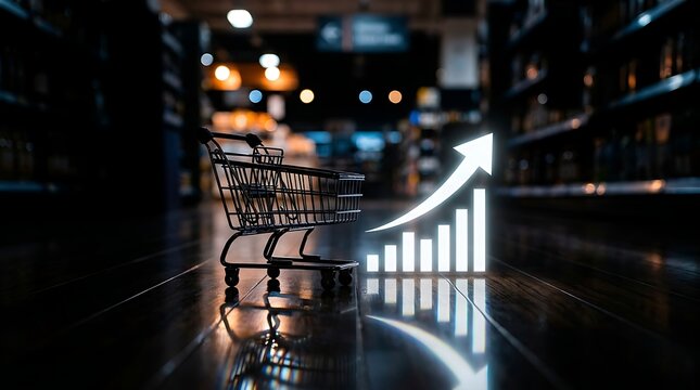 Shopping cart and glowing up arrow graph symbolizing increasing sales, business growth, and successful retail strategies in a dark store aisle.
