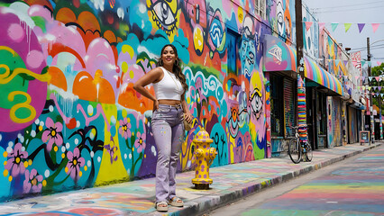 Fototapeta premium Beautiful young woman in front of vibrant street art.