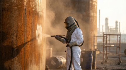 Fototapeta premium Industrial worker performing sandblasting on a large rusty metal tank at a refinery site, wearing protective gear and helmet