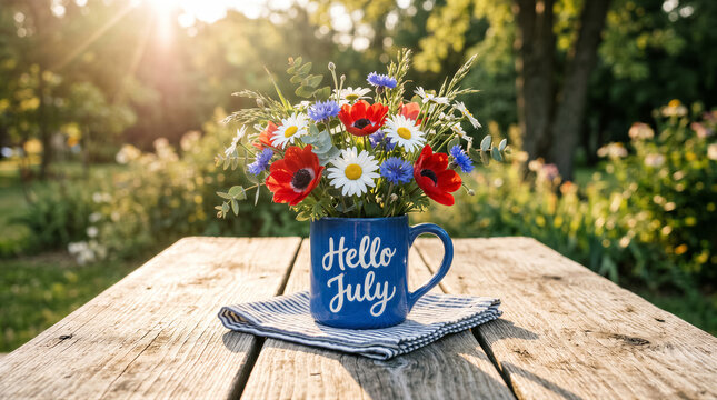 A beautiful bouquet of red anemones, white daisies, and blue cornflowers in a blue hello july mug on a rustic wooden table at sunset