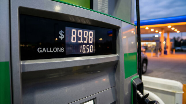 Closeup of a gas pump display showing the total cost of 8998 and 1850 gallons dispensed at a service station at dusk