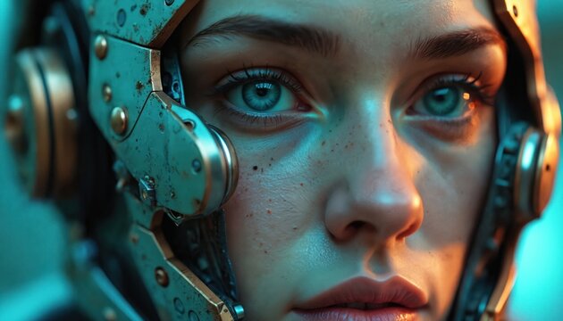Close up of cyborg woman face. Human and machine blend in futuristic portrait. Blue eyes stare intensely. Mechanical parts cover one side of her head, offering intense gaze.
