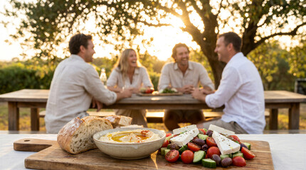 Obraz premium Friends enjoying a mediterranean meal outdoors at sunset with hummus, salad, and fresh bread on a wooden table