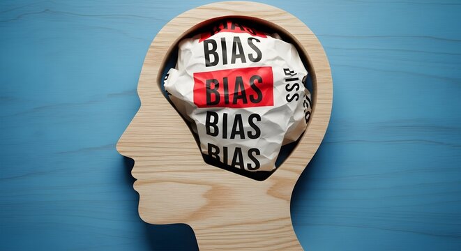 Cognitive bias concept, wooden human head with crumpled papers, mental awareness, thinking critically