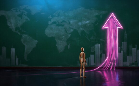 A wooden figure stands before a glowing pink arrow rising above