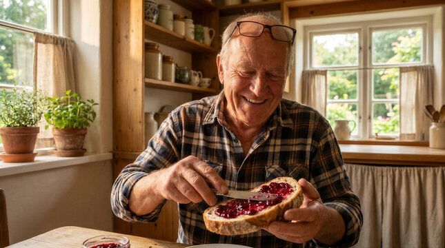 Happy senior man spreading red fruit jam on a slice of fresh crusty bread in a cozy rustic kitchen during breakfast time at home