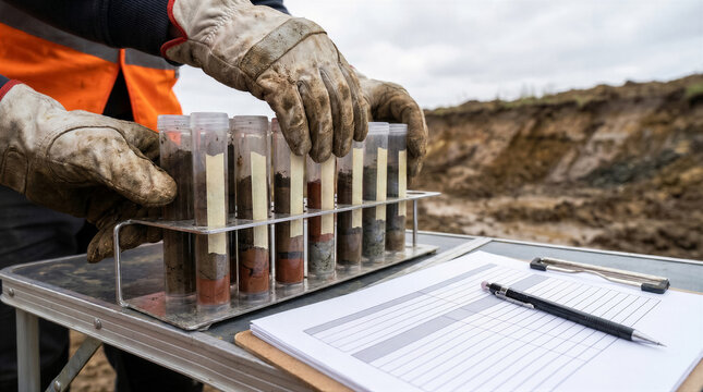 Closeup of a worker in safety gear handling soil samples in test tubes for geological analysis at a construction or research site