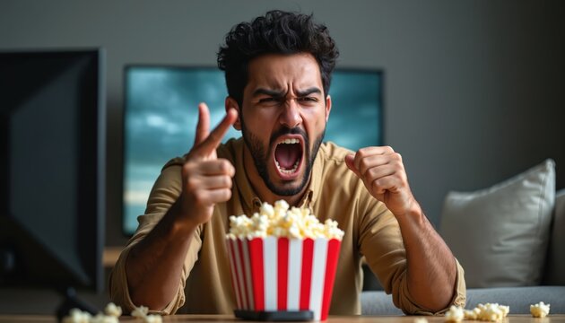 Man yells watching tv with popcorn bucket. Furious guy reacts strongly, gesturing wildly. Frustrated viewer expresses extreme anger at screen during show, shouting loudly.