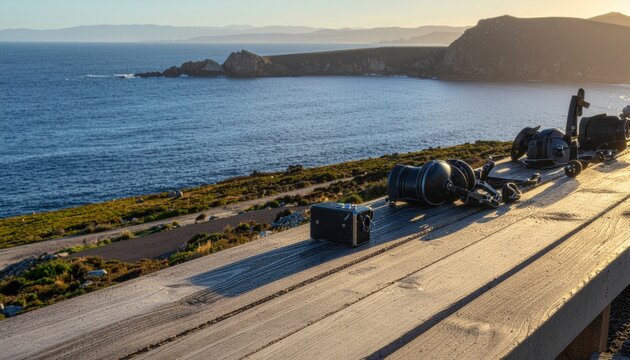 Camera on dolly by ocean.