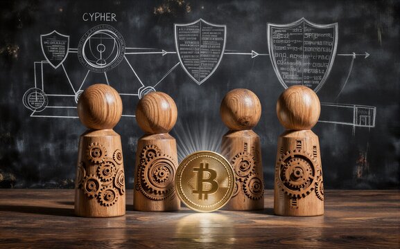Wooden figures with gears stand before Bitcoin symbolizing