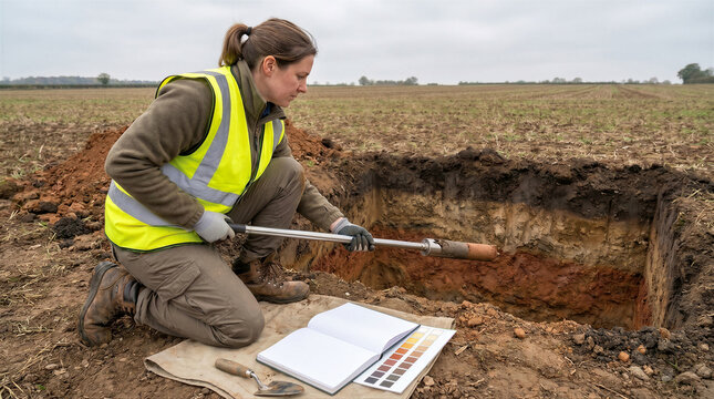 Female soil scientist kneeling by a soil pit in a field, holding a soil auger and using a munsell color chart to analyze soil profile