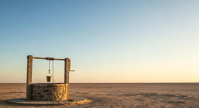 Traditional stone water well in a vast desert at sunset