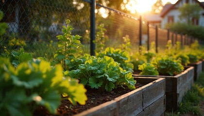 Fototapeta premium Raised garden beds with green plants grow in sunlight. Wooden boxes arranged in row, chain link fence behind. Evening sun shines on backyard farm, home visible.