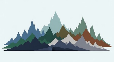 Fototapeta premium Abstract graphic illustration of layered mountains in various shades of blue, green, and grey, set against a light background