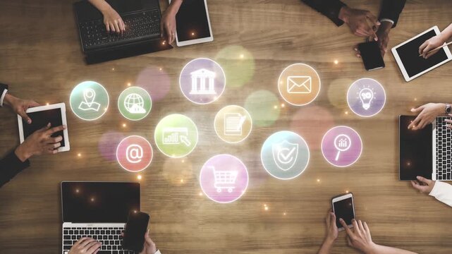 Set of business and digital service icons representing finance, cloud, analytics, email, communication, ecommerce, cybersecurity, and global connectivity in a modern ecosystem Marrow