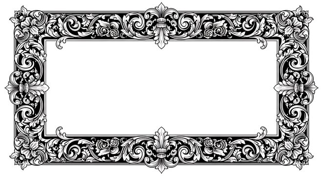 Classic ornamental rectangular frame with intricate scrollwork and floral motifs, a vintage monochrome decorative border for elegant designs and text