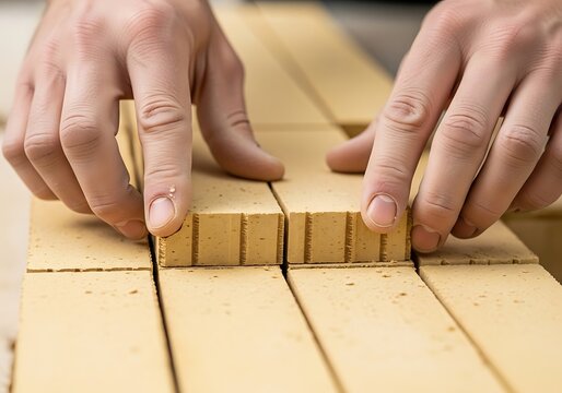 Worker's hands arranging yellow firebricks in a row for industrial construction