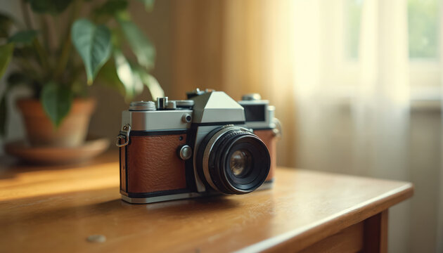 Vintage film camera rests on wooden table. Soft sunlight illuminates classic analog device with leather trim. Potted plant nearby adds natural decor. Retro photography equipment.