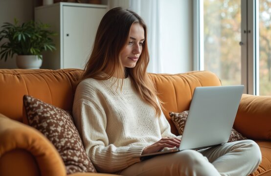 Young woman with long hair sits on a sofa using laptop. She wears a cozy sweater typing on keyboard in living room near window. Casual comfortable home working or studying.