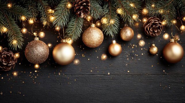 Elegant Holiday Decoration with Golden Ornaments, Pine Cones and Fairy Lights on Dark Wooden Background