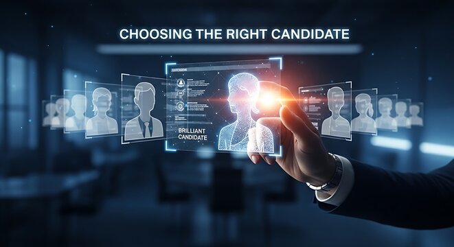Recruitment and hiring concept. A recruiter's hand selects a glowing candidate profile from a line of holographic avatars, symbolizing choosing the right candidate.