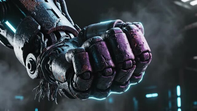A close-up of a robotic fist with glowing blue lines, conveying a sense of power and technology in a dark and moody environment.