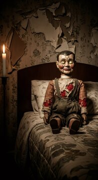 Spooky vintage ventriloquist puppet sitting on abandoned bed with bright glowing eyes. Scary old doll, nightmare concept. Horror Halloween.