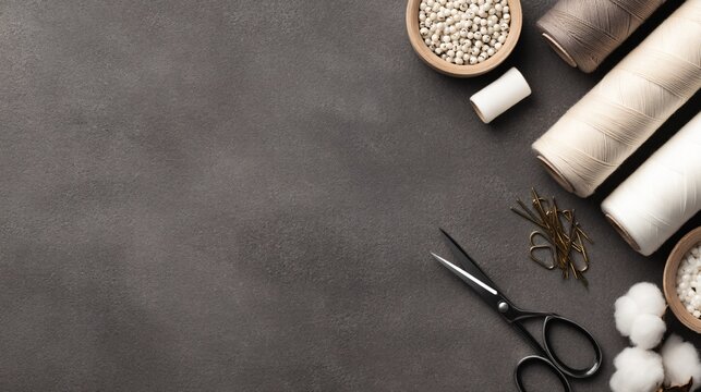 Flat lay of sewing tools, scissors pins tape measure chalk, organized craft workspace, overhead composition