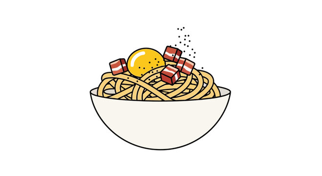 Spaghetti Carbonara with Egg Yolk and Pancetta in Bowl, Italian Food Illustration