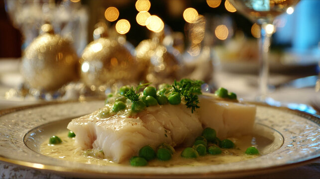 Traditional Christmas Lutefisk: White Fish with Creamy Sauce and Peas on Festive Background