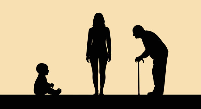 Family Silhouette Of Three Generations Together.