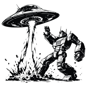 Giant Robot vs UFO Space Battle Black and White Illustration