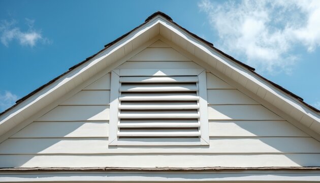 White gable vent with horizontal louvers installed on cream colored siding. Clear blue sky with scattered clouds overhead. Architectural detail on house exterior.