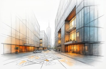 Fototapeta premium Sketch of modern city street with glass office buildings. Cars drive on road near architectural plans spread on pavement. Tall skyscraper rises in background.