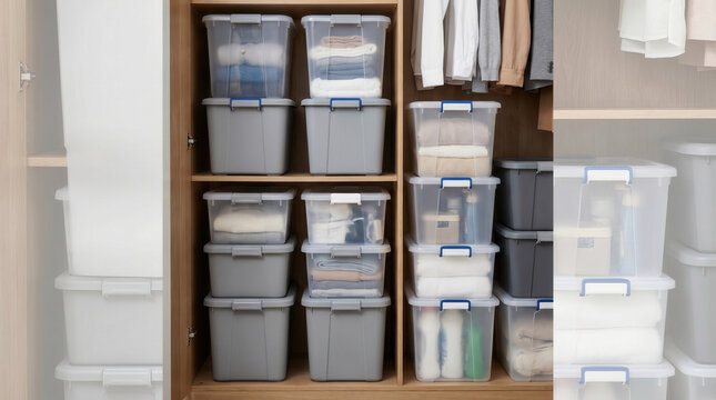 Organizational storage bins neatly arranged in a modern closet  