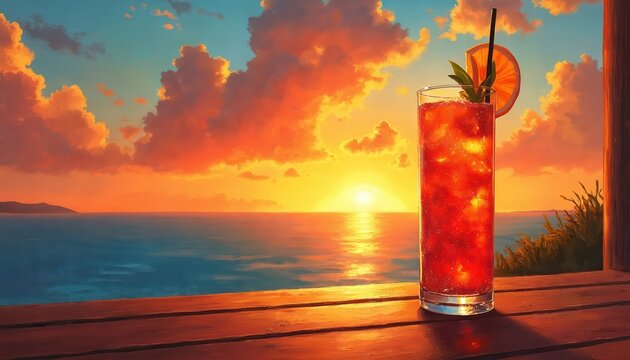 Red cocktail in glass with orange slice and straw on wooden table near ocean. Colorful sunset clouds over calm sea water. Relaxing tropical evening.