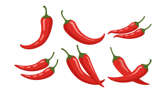 Collection of Red Chili Peppers Isolated on White Background.