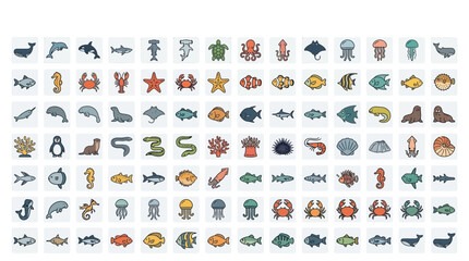 Collection of various sea creatures icons. © yaraa