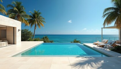 Obraz premium Luxury villa with infinity pool and ocean view. Modern minimalist architecture, palm trees surround beach. Coastal vacation setting with clear blue water.