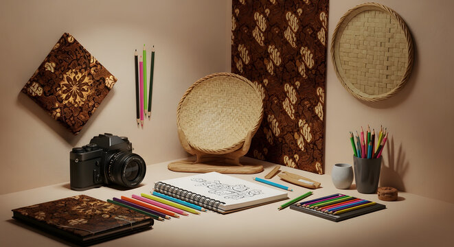 Creative Workspace with Batik Pattern, Woven Baskets, Camera and Colored Pencils