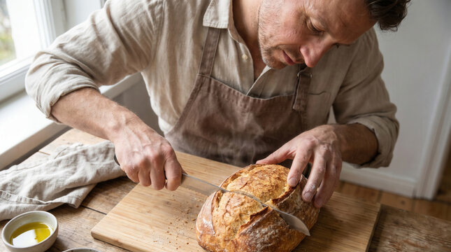 Man slicing freshly baked bread on wooden cutting board indoors  