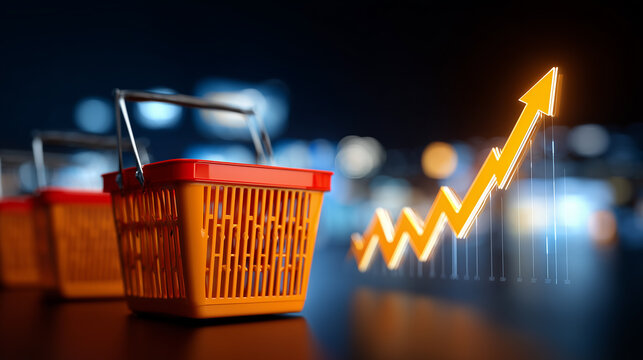 Shopping baskets beside a rising arrow chart illustrating retail growth, consumer demand, ecommerce sales, and market expansion.
