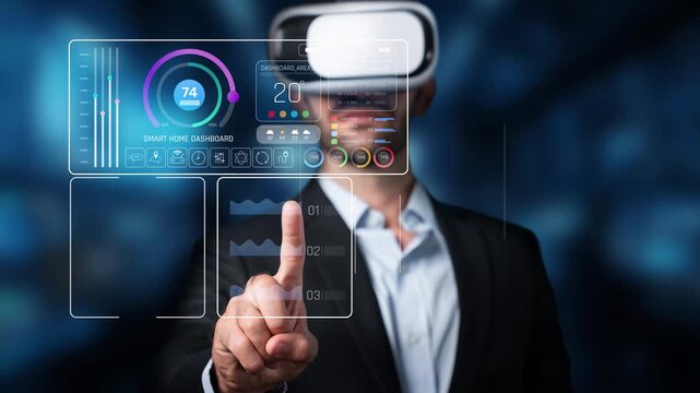 A professional in a virtual reality headset engages with a futuristic smart home dashboard, highlighting data visualization, technology trends, and user interaction. Raster
