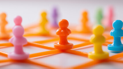 Obraz premium Game pieces connected on a strategic board, symbolizing teamwork, leadership planning, organizational networks, and collaborative decision making. 