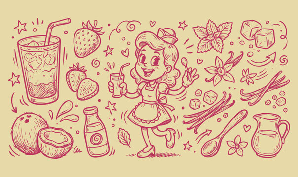 American Viral Drink Vintage 1930s Rubber Hose Style Pink Drink Strawberry Coconut Refresher Mascot Doodle Set