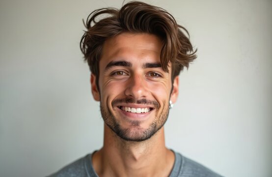 Young man with short brown hair and beard smiles broadly. He has brown eyes and wears a grey t-shirt. His face is clean shaven and his expression is happy and confident.