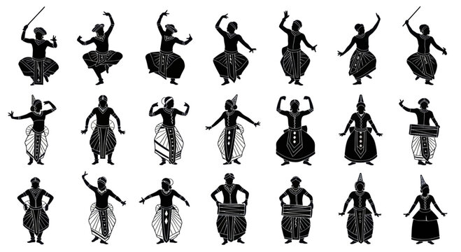 Traditional Indian dancers performing various poses and movements in silhouette.