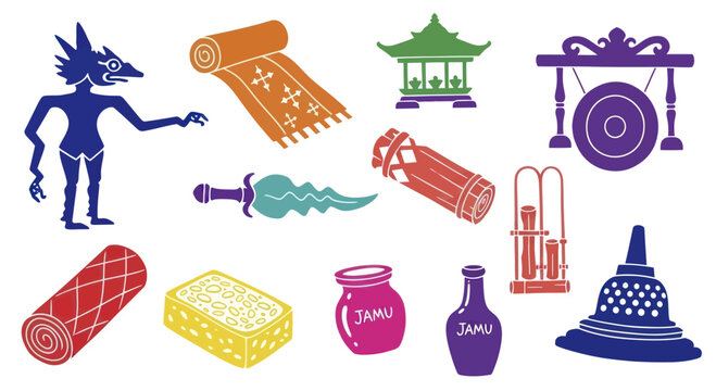 Traditional Indonesian Cultural Elements and Souvenirs Collection.