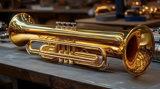 Shiny Brass Baritone Horn Resting on a Workshop Bench.