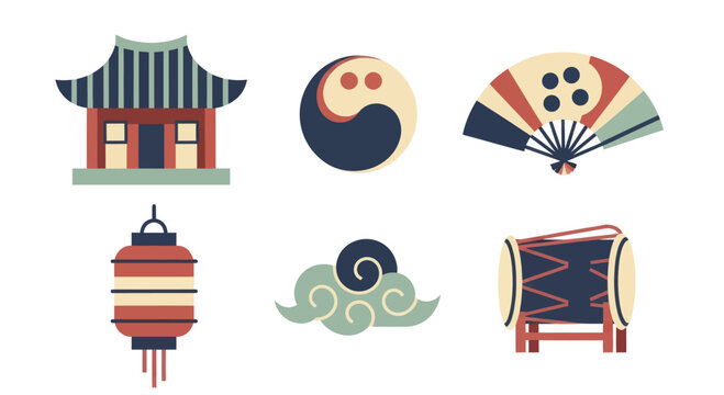 Traditional Korean Cultural Symbols and Objects Collection.